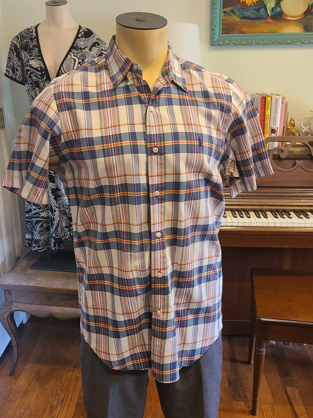 Ralph Lauren Short-Sleeve Plaid Button-Down Shirt in Blue, White and Orange